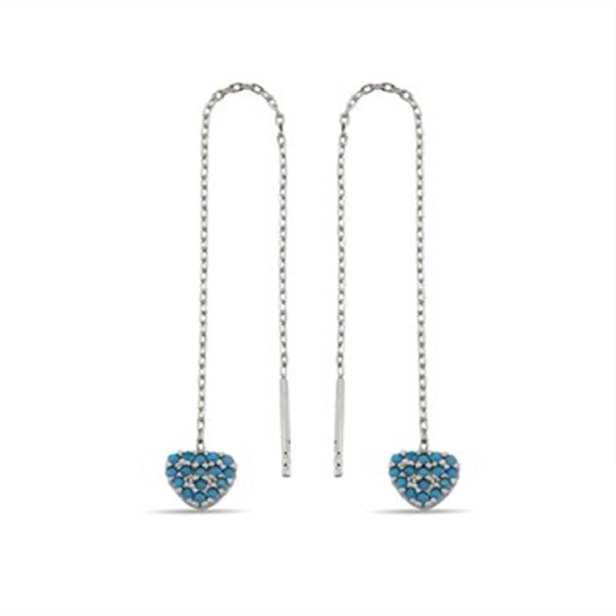 Kalp Firuze Turkuaz Taşlı Gümüş Zincirli Küpe