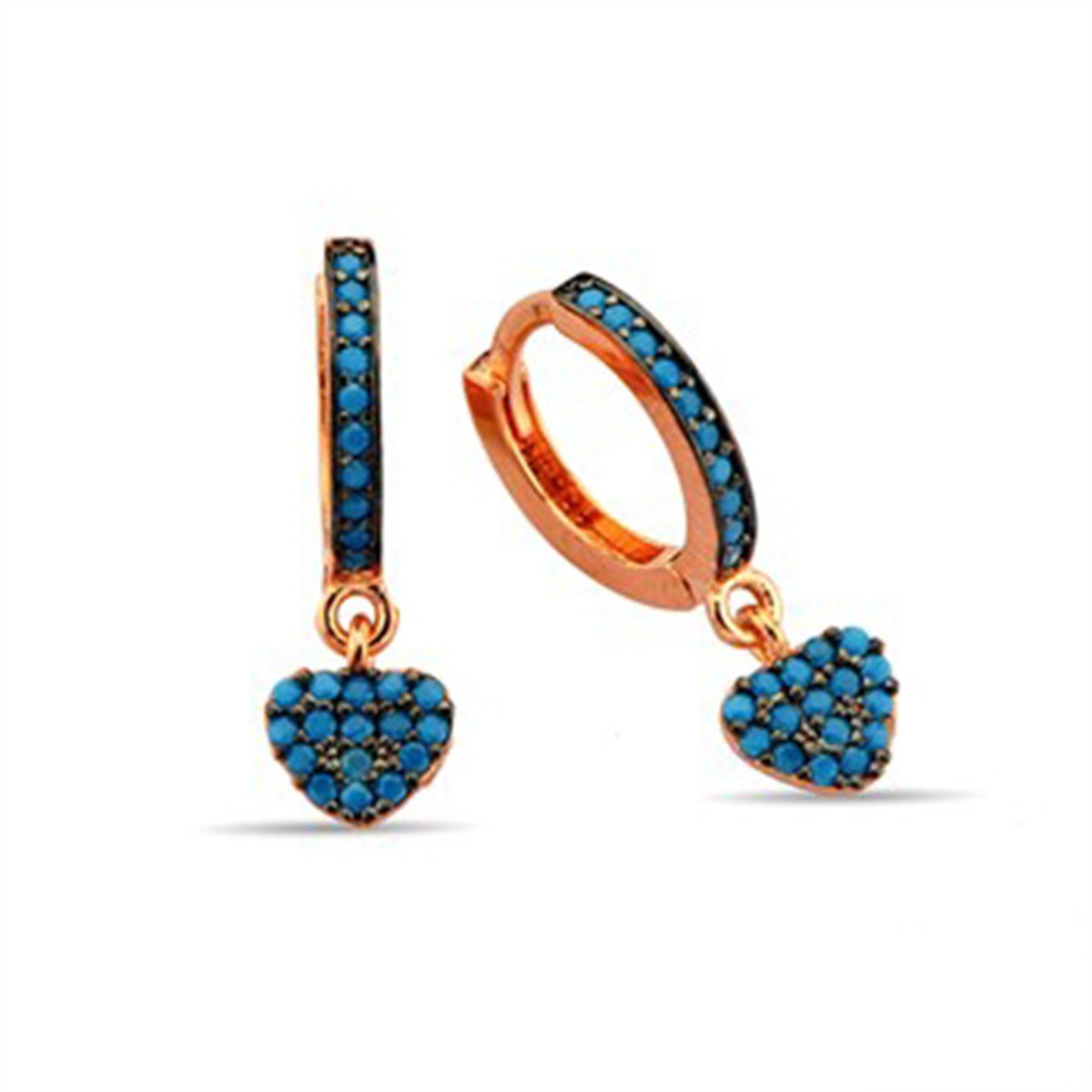 Kalp Firuze Turkuaz Taşlı Roz Kaplamalı Gümüş Halka Klipsli Küpe