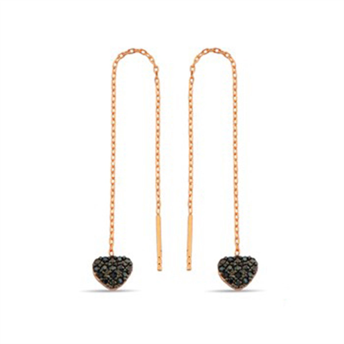 Kalp Onxy Zirkon Taşlı Roz Kaplamalı Gümüş Zincirli Küpe