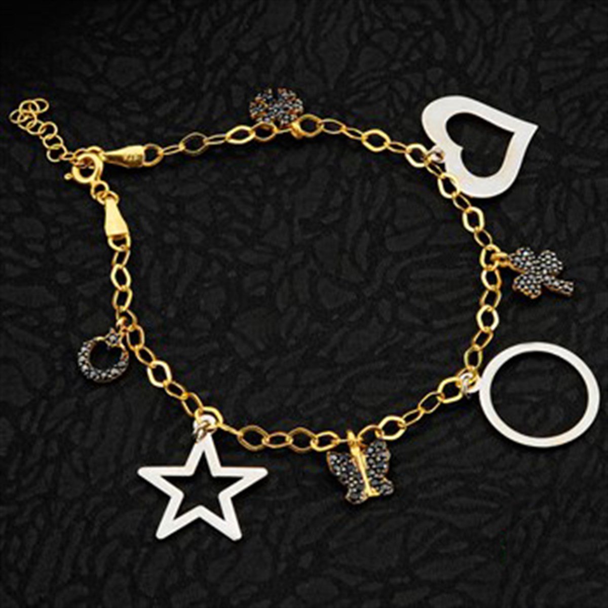 Kalp Yıldız Pul Altın ve Beyaz 2 Renk Kaplamalı 925 Ayar Gümüş Bayan Bileklik