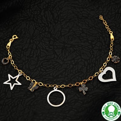 Kalp Yıldız Pul Altın ve Beyaz 2 Renk Kaplamalı 925 Ayar Gümüş Bayan Bileklik