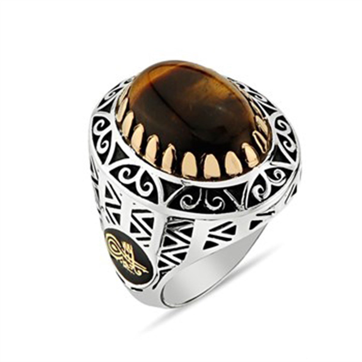 Kaplan Gözü Taşlı 925 Ayar Gümüş Erkek Yüzük