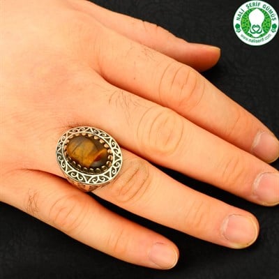 Kaplan Gözü Taşlı 925 Ayar Gümüş Erkek Yüzük