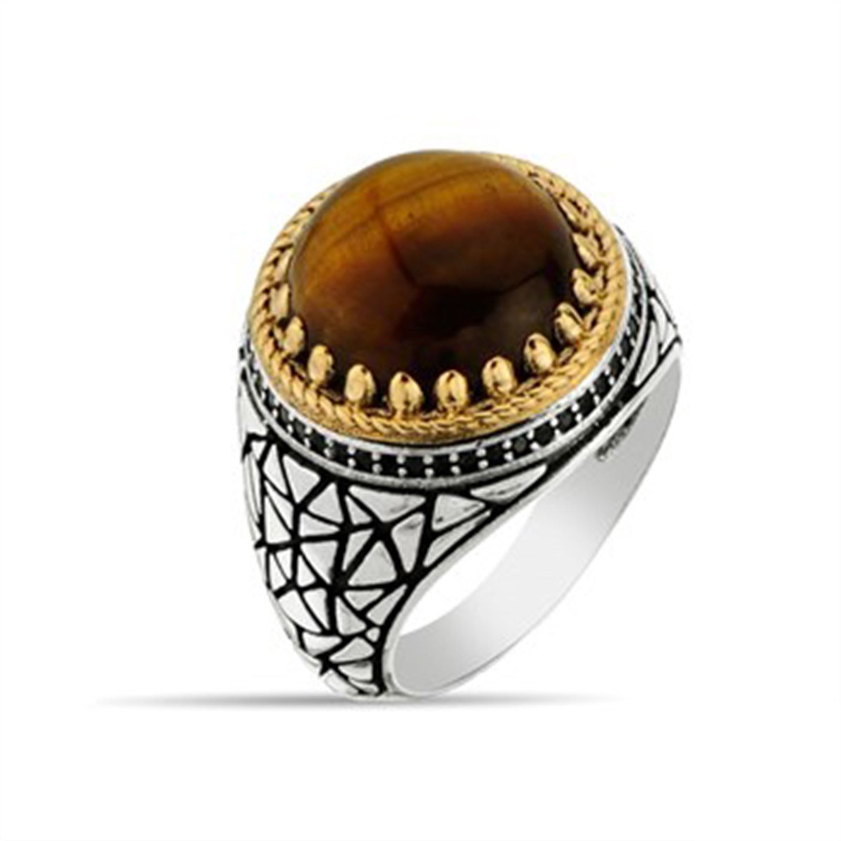 Kaplan Gözü Taşlı 925 Ayar Gümüş Erkek Yüzük