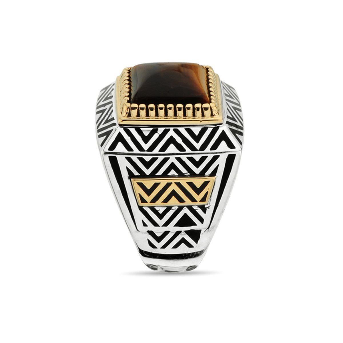 Kare Kapşonlu Kaplan Gözü Taşlı 925 Ayar Gümüş Erkek Yüzüğü