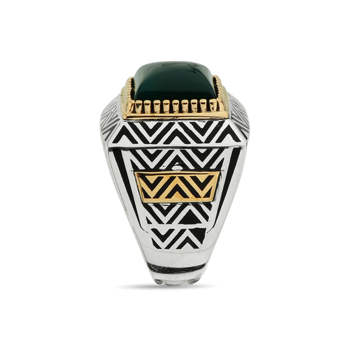 Kare Kapşonlu Yeşil Akik Taşlı 925 Ayar Gümüş Erkek Yüzüğü