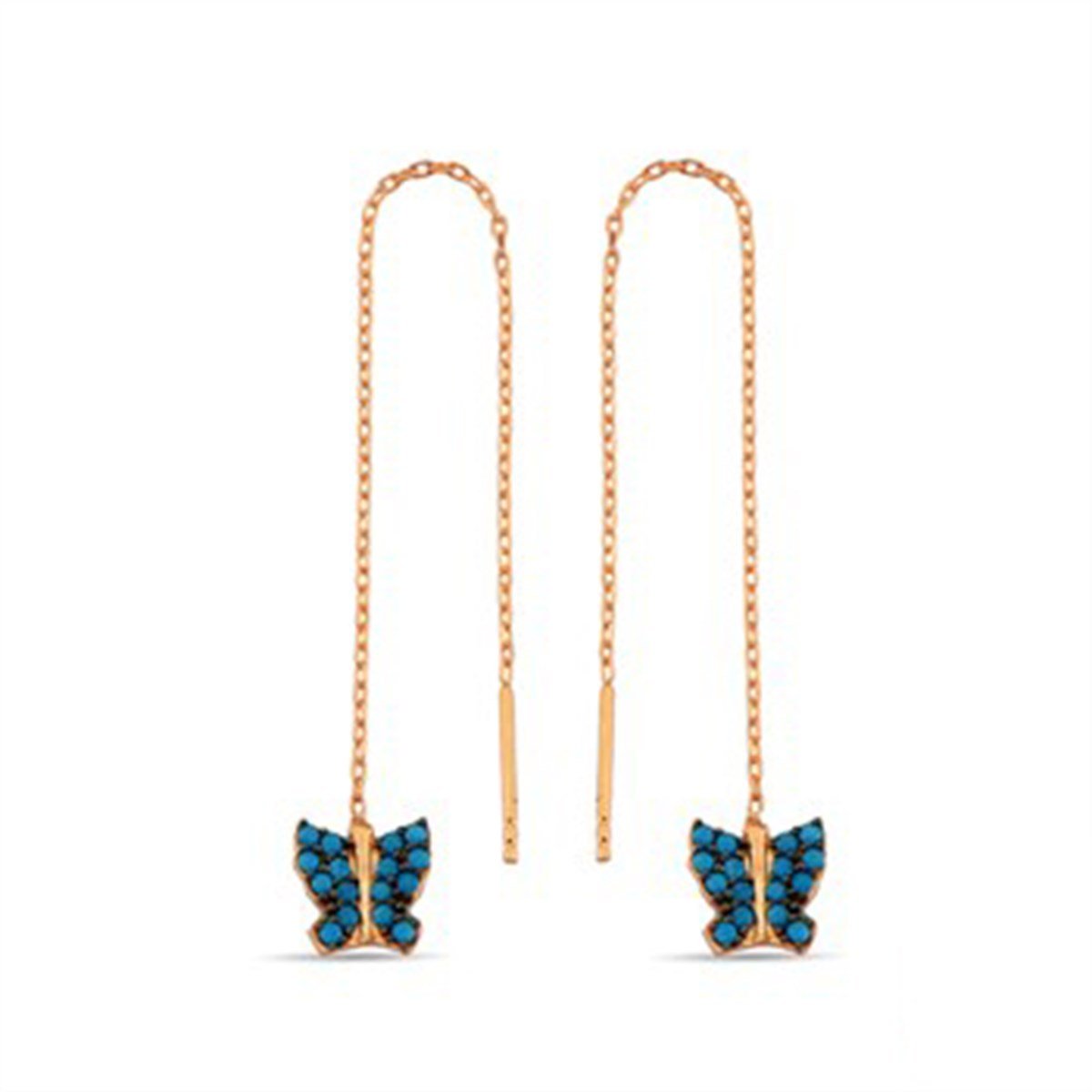 Kelebek Firuze Turkuaz Taşlı Roz Kaplamalı Gümüş Zincirli Küpe