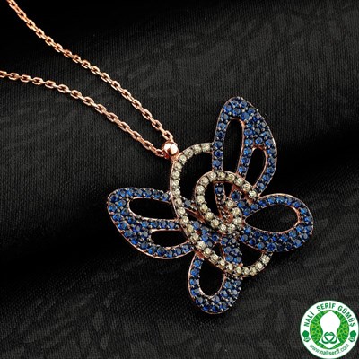 Kelebek Safir Taşlı Roz Kaplamalı Gümüş Bayan Kolyesi