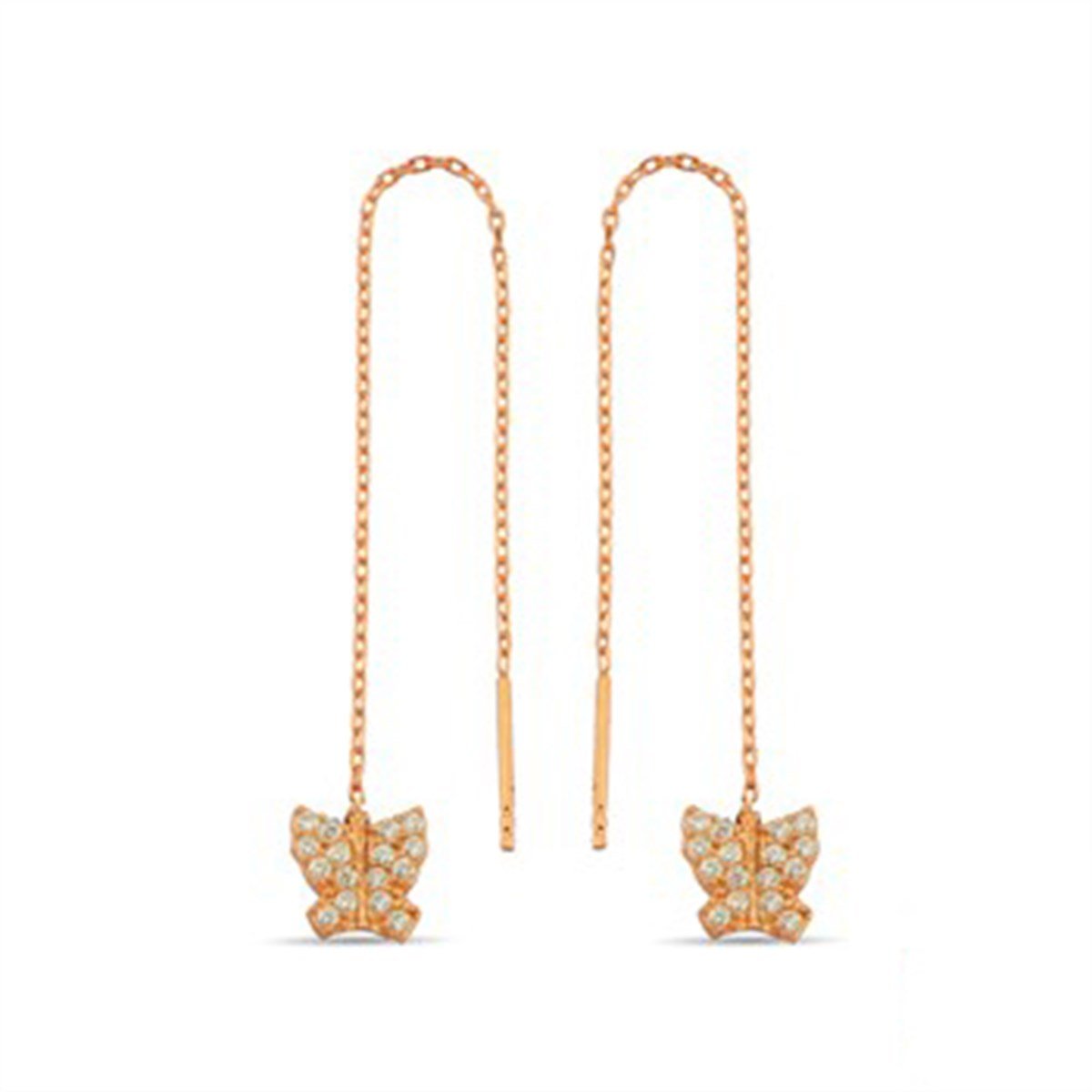 Kelebek Zirkon Taşlı Roz Kaplamalı Gümüş Zincirli Küpe