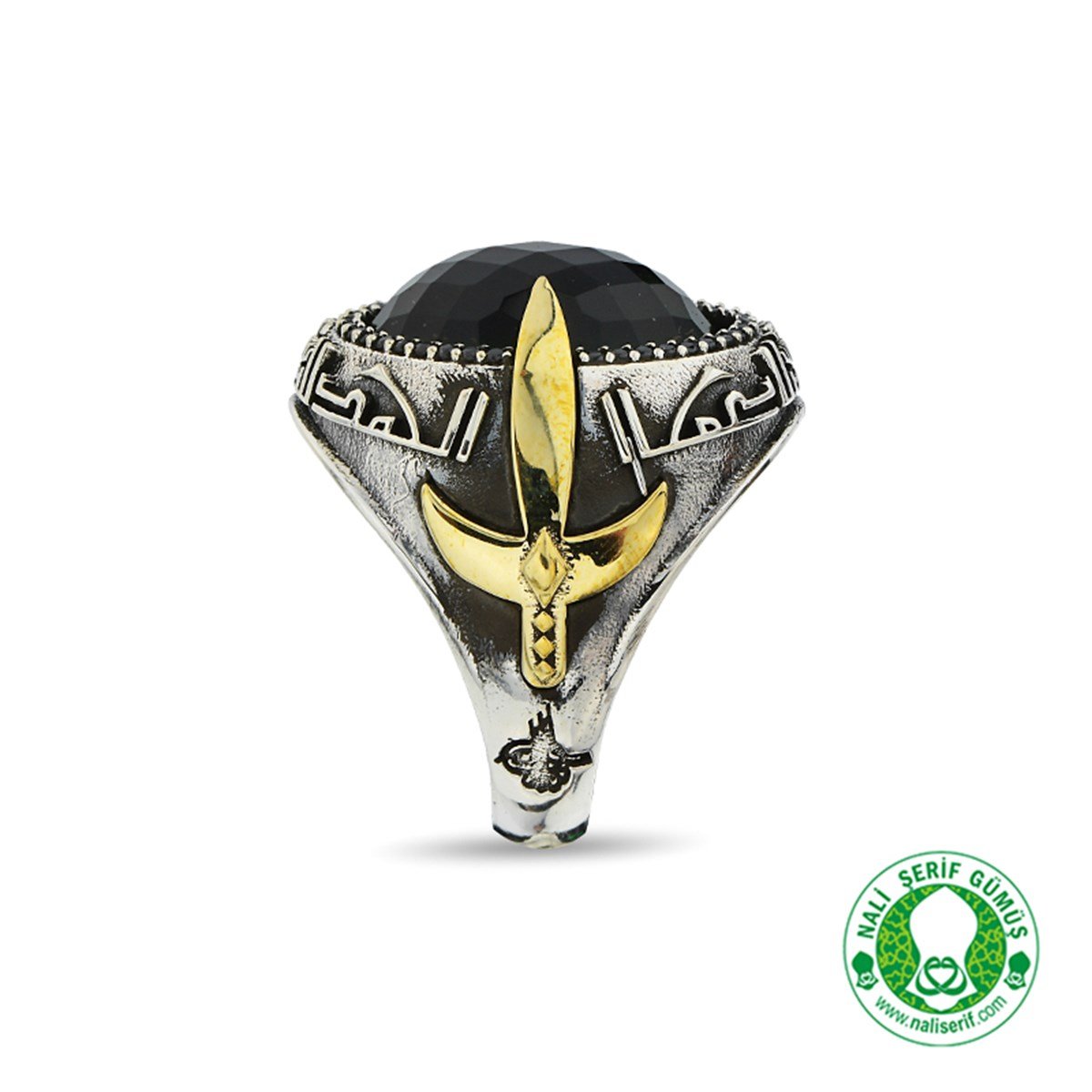 Kılınç Tuğra Kol İşlemeli Kûfi Kelime-i Tevhid Kabartma Yazılı Siyah Kristal Kesim Taşlı 925 Ayar Gümüş Erkek Yüzük