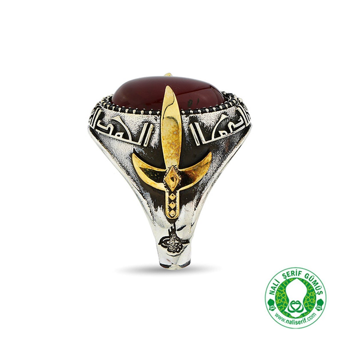 Kılınç Tuğra Kol İşlemeli Kûfi Kelime-i Tevhid Kabartma Yazılı Bordo Akik Taşlı 925 Ayar Gümüş Erkek Yüzük