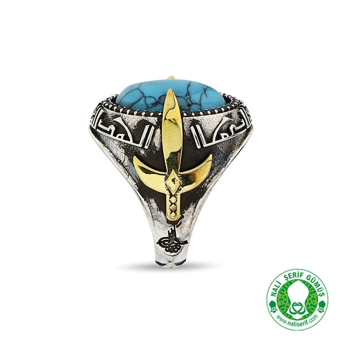 Kılınç Tuğra Kol İşlemeli Kûfi Kelime-i Tevhid Kabartma Yazılı Firuze TurkuazTaşlı 925 Ayar Gümüş Erkek Yüzük