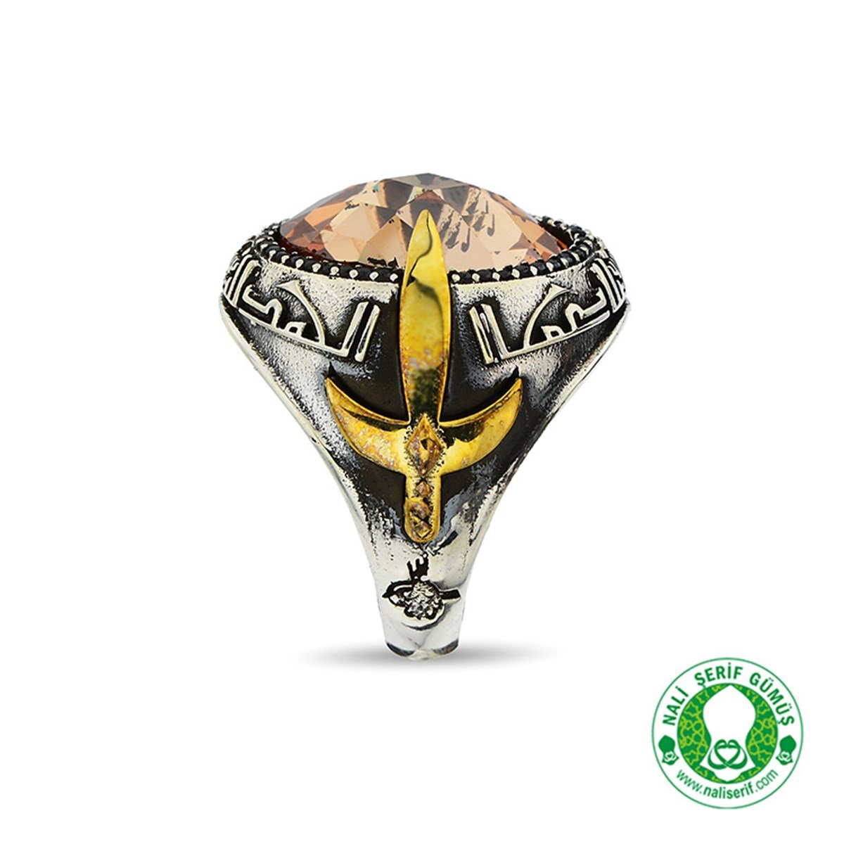 Kılınç Tuğra Kol İşlemeli Kûfi Kelime-i Tevhid Kabartma Yazılı Strin Taşlı 925 Ayar Gümüş Erkek Yüzük