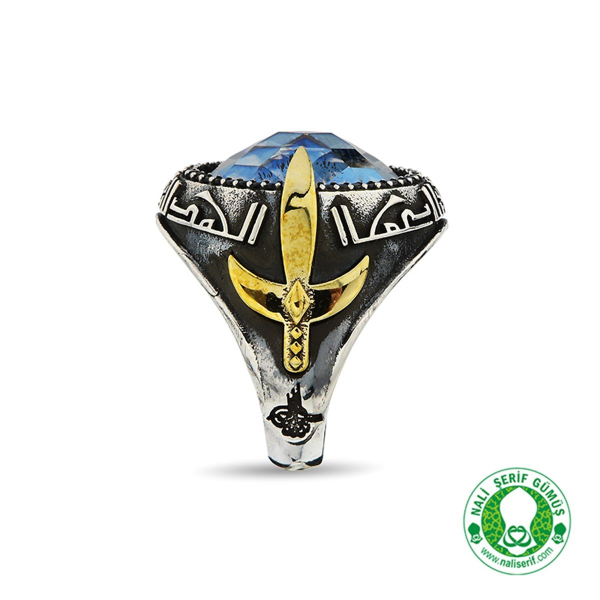 Kılınç Tuğra Kol İşlemeli Kûfi Kelime-i Tevhid Kabartma Yazılı Renk Değiştiren Mistik Topaz Taşlı 925 Ayar Gümüş Erkek Yüzük