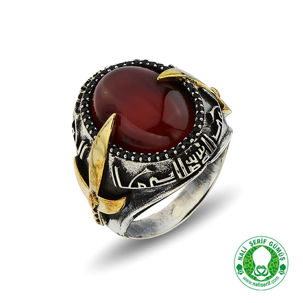 Kılınç Tuğra Kol İşlemeli Kûfi Kelime-i Tevhid Kabartma Yazılı Bordo Akik Taşlı 925 Ayar Gümüş Erkek Yüzük