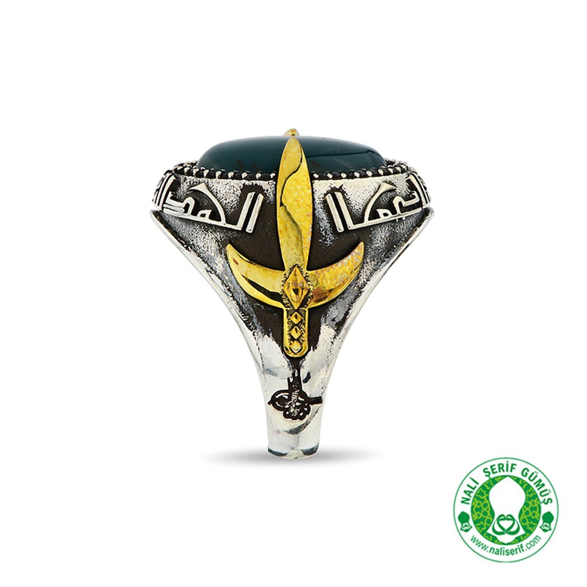 Kılınç Tuğra Kol İşlemeli Kûfi Kelime-i Tevhid Kabartma Yazılı Yeşil Akik Taşlı 925 Ayar Gümüş Erkek Yüzük