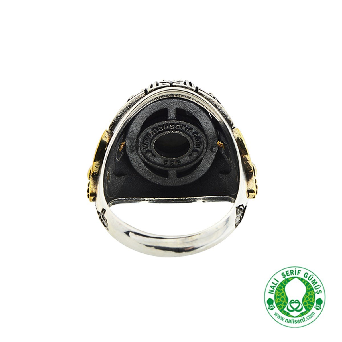 Kılınç Tuğra Kol İşlemeli Kûfi Kelime-i Tevhid Kabartma Yazılı Siyah Kristal Kesim Taşlı 925 Ayar Gümüş Erkek Yüzük