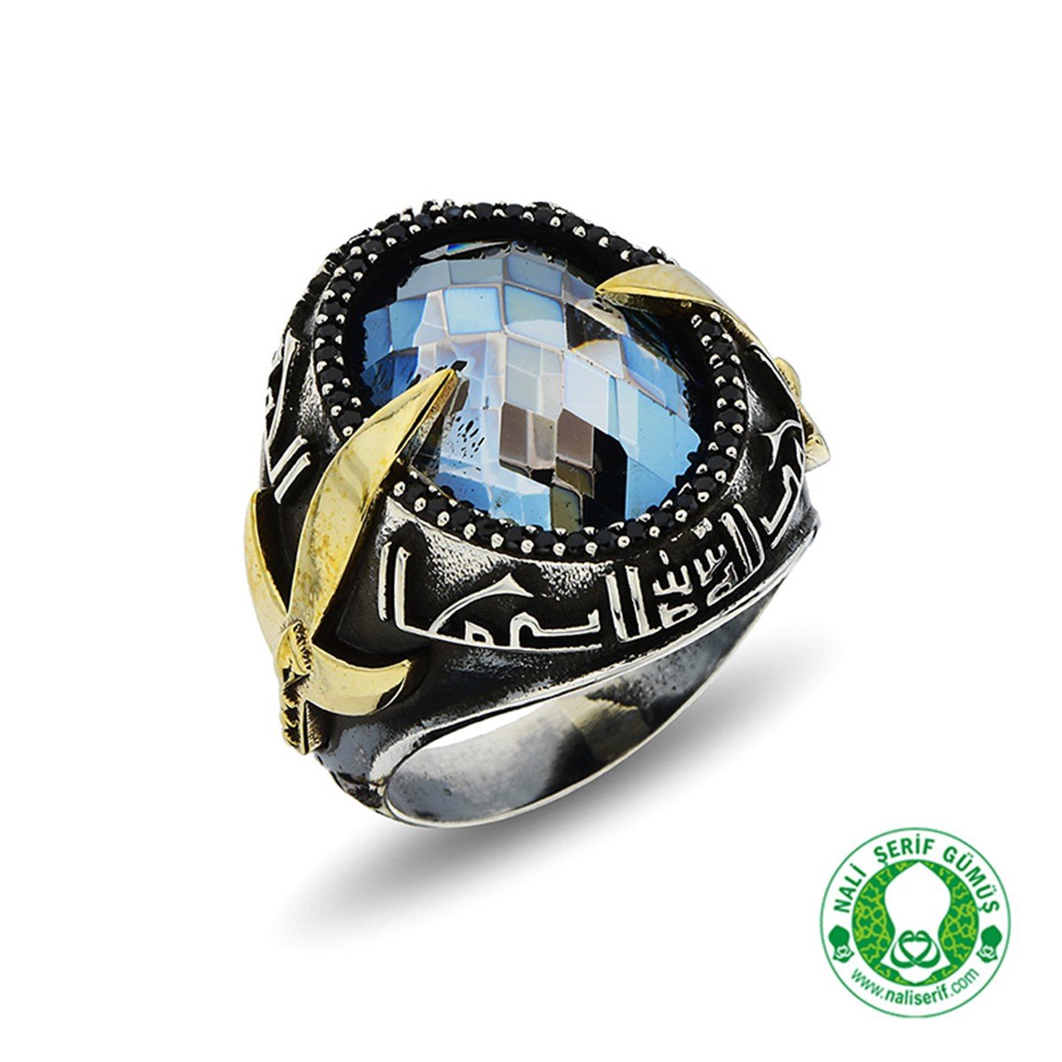 Kılınç Tuğra Kol İşlemeli Kûfi Kelime-i Tevhid Kabartma Yazılı Renk Değiştiren Mistik Topaz Taşlı 925 Ayar Gümüş Erkek Yüzük