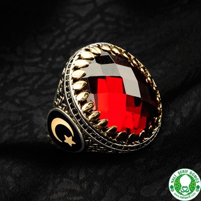 Kırmızı Kristal Kesim Garnet 925 Ayar Gümüş Erkek Yüzüğü