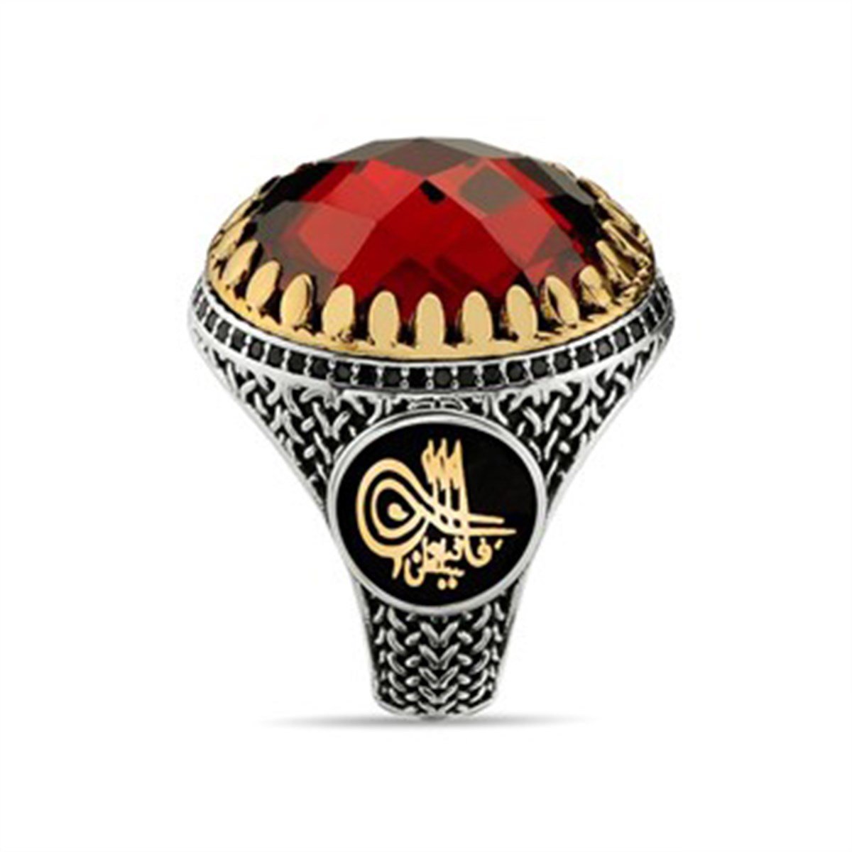 Kırmızı Kristal Kesim Garnet 925 Ayar Gümüş Erkek Yüzüğü