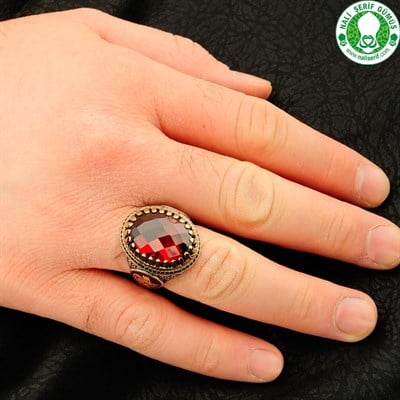 Kırmızı Kristal Kesim Garnet 925 Ayar Gümüş Erkek Yüzüğü