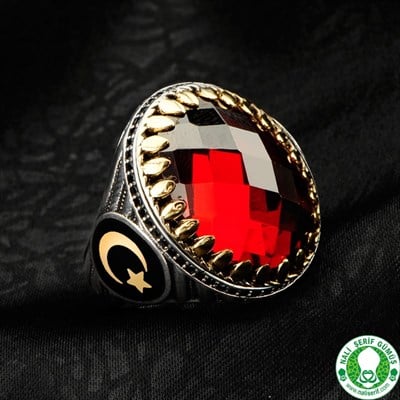 Kırmızı Kristal Kesimli 925 Ayar Gümüş Erkek Yüzük