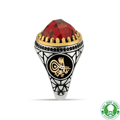 Kırmızı Kristal Kesimli Taşlı Ay Yıldız Türk Bayrağı Gümüş Erkek Yüzüğü