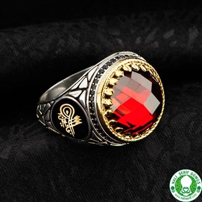 Kırmızı Kristal Kesimli Taşlı Ay Yıldız Türk Bayrağı Gümüş Erkek Yüzüğü