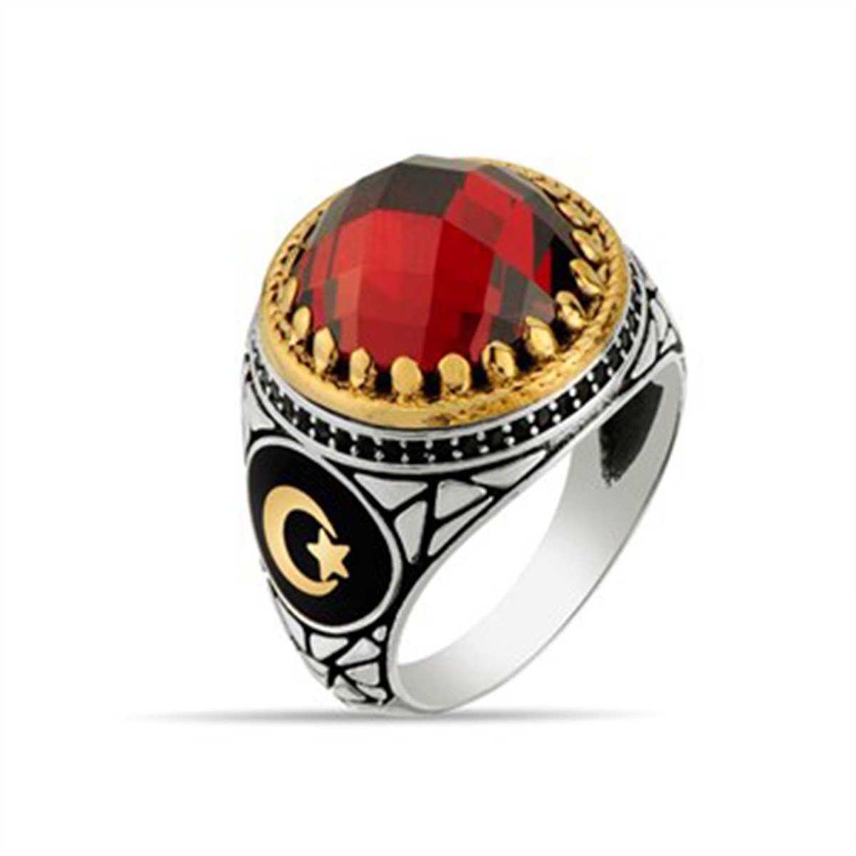 Kırmızı Kristal Kesimli Taşlı Ay Yıldız Türk Bayrağı Gümüş Erkek Yüzüğü