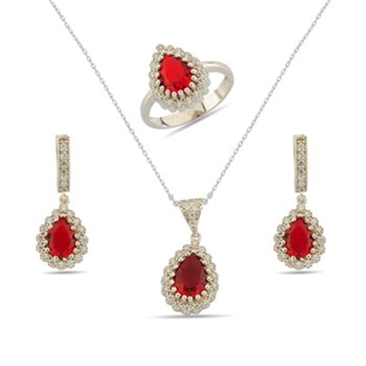Kırmızı Zirkon Taşlı Beyaz Altın Kaplamalı Gümüş Damla Modeli Takı Seti
