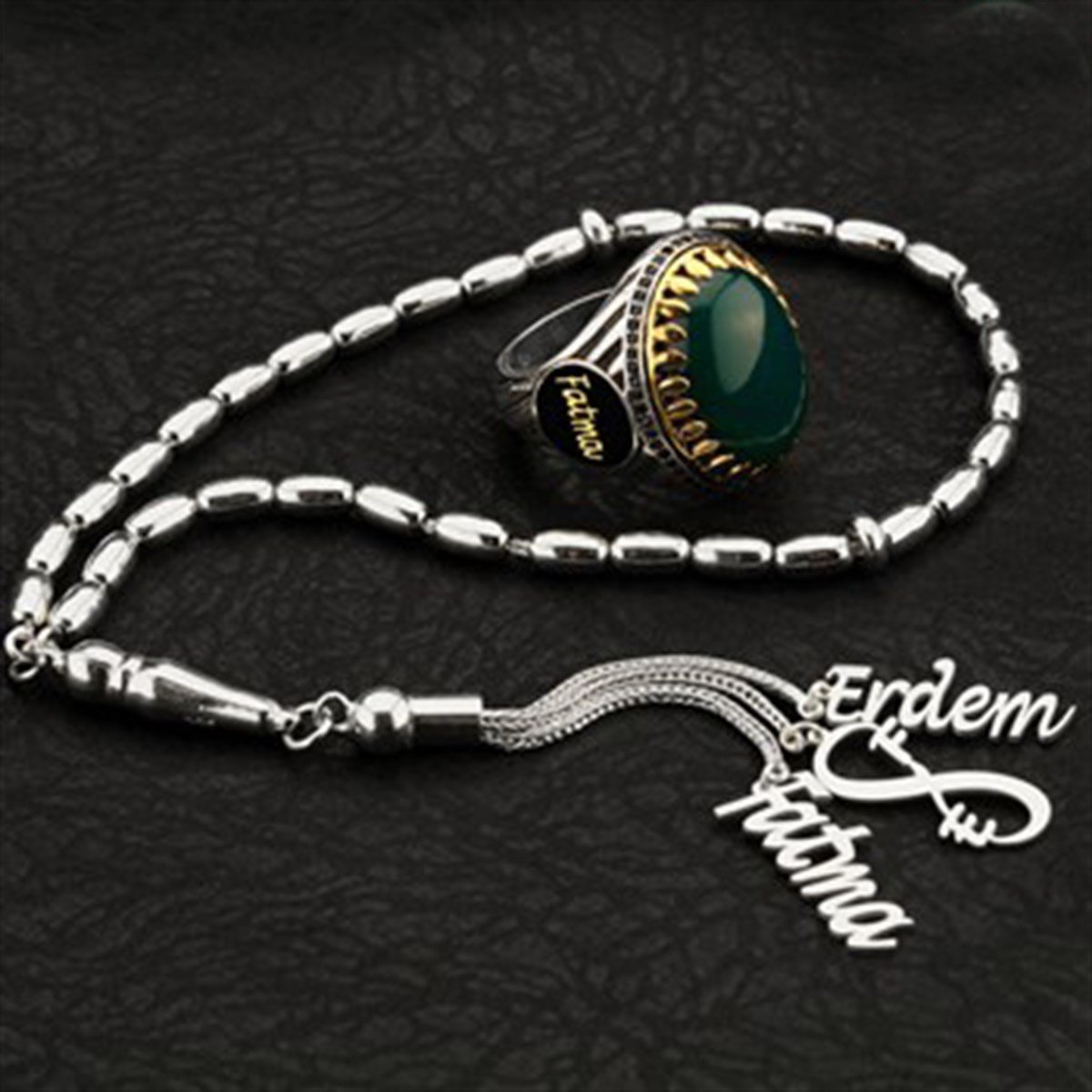 Kişiye Özel İsimli 925 Ayar Gümüş Erkek Yüzük Tesbih Kombini