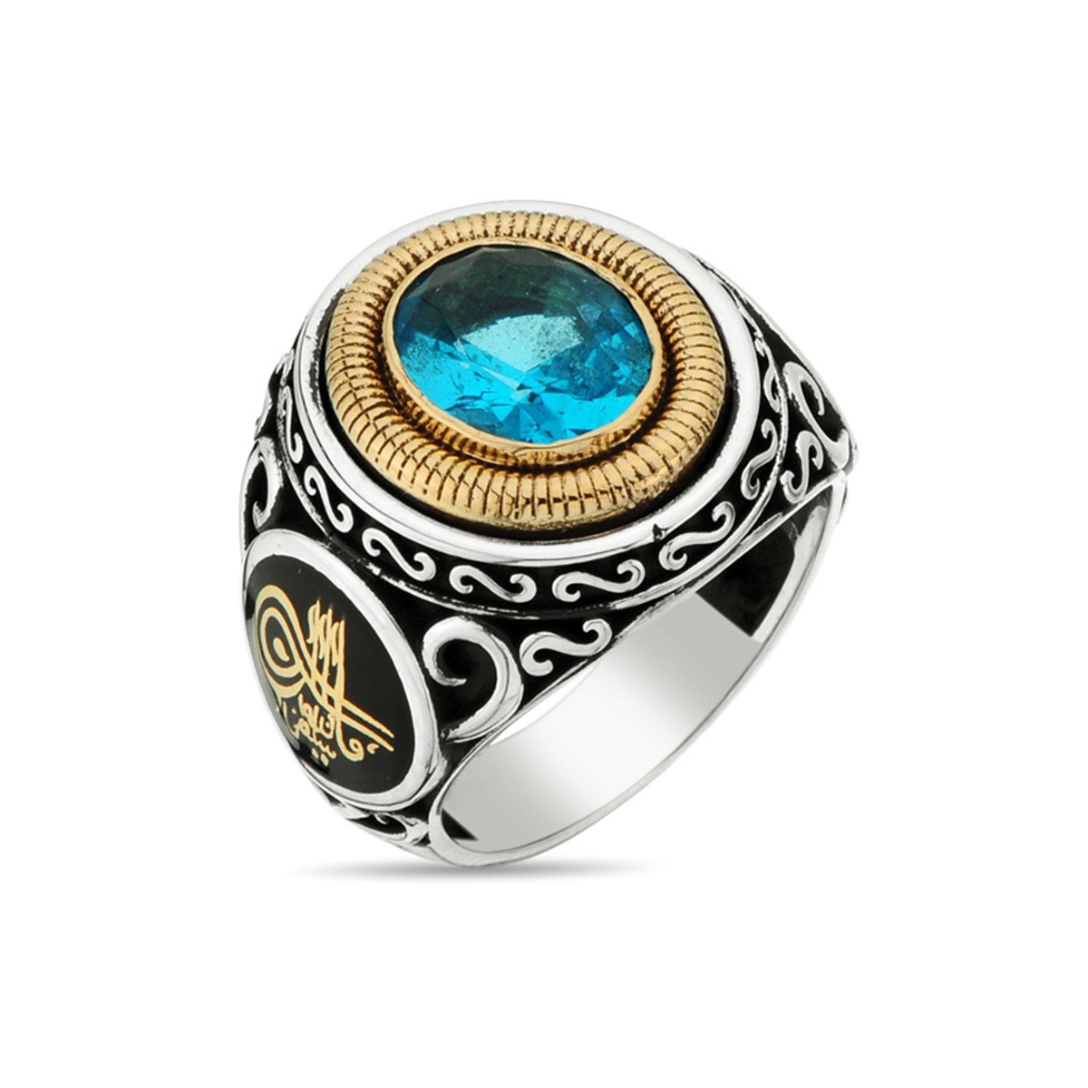 Kristal Kesim Aquamarin Taşlı 925 Ayar Gümüş Erkek Yüzük