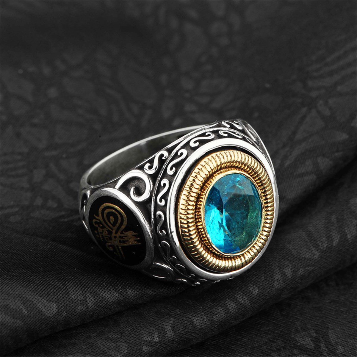 Kristal Kesim Aquamarin Taşlı 925 Ayar Gümüş Erkek Yüzük