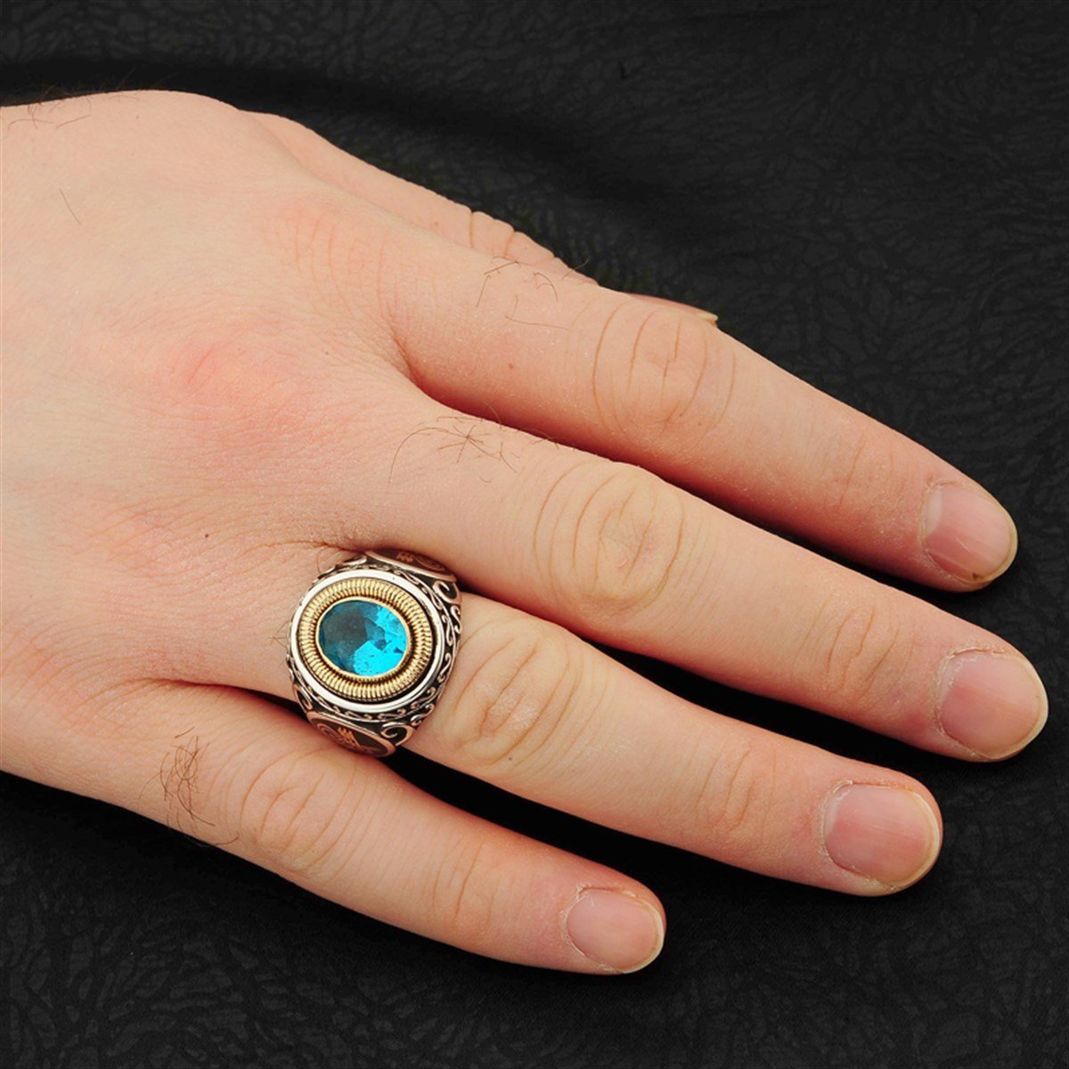 Kristal Kesim Aquamarin Taşlı 925 Ayar Gümüş Erkek Yüzük