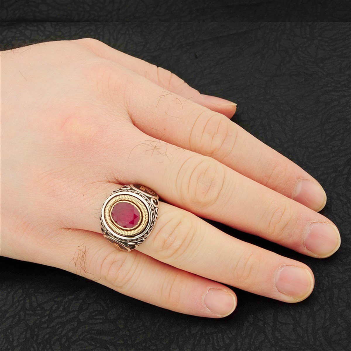 Kristal Kesim Kök Yakut Taşlı 925 Ayar Gümüş Erkek Yüzük