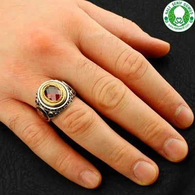 Kristal Kesim Taşlı Kırmızı 925 Ayar Gümüş Erkek Yüzük