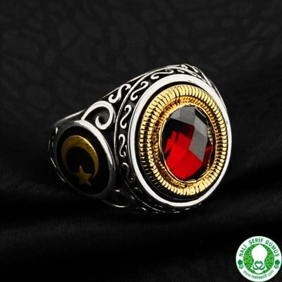 Kristal Kesim Taşlı Kırmızı 925 Ayar Gümüş Erkek Yüzük