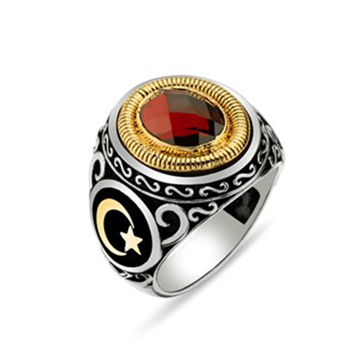 Kristal Kesim Taşlı Kırmızı 925 Ayar Gümüş Erkek Yüzük