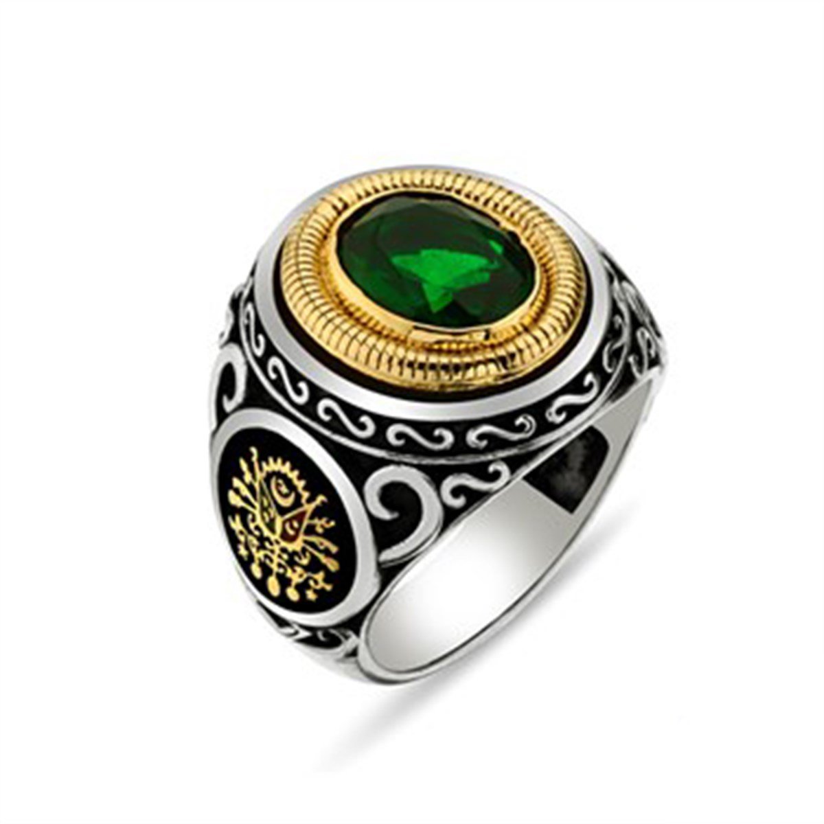 Kristal Kesim Zümrüt Yeşil Taşlı 925 Ayar Gümüş Erkek Yüzük
