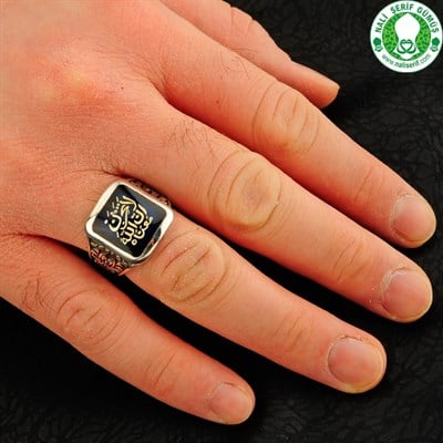 La Tahzen İnnallahe Meane yazılı Mavi 925 Ayar Gümüş Erkek Yüzük