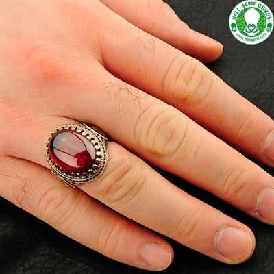 Lal Kırmızı Oval Taşlı 925 Ayar Gümüş Erkek Yüzük