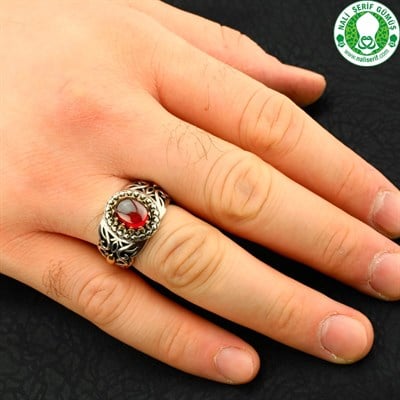 Lal Kırmızı Taşlı 925 Ayar Gümüş Erkek Yüzük