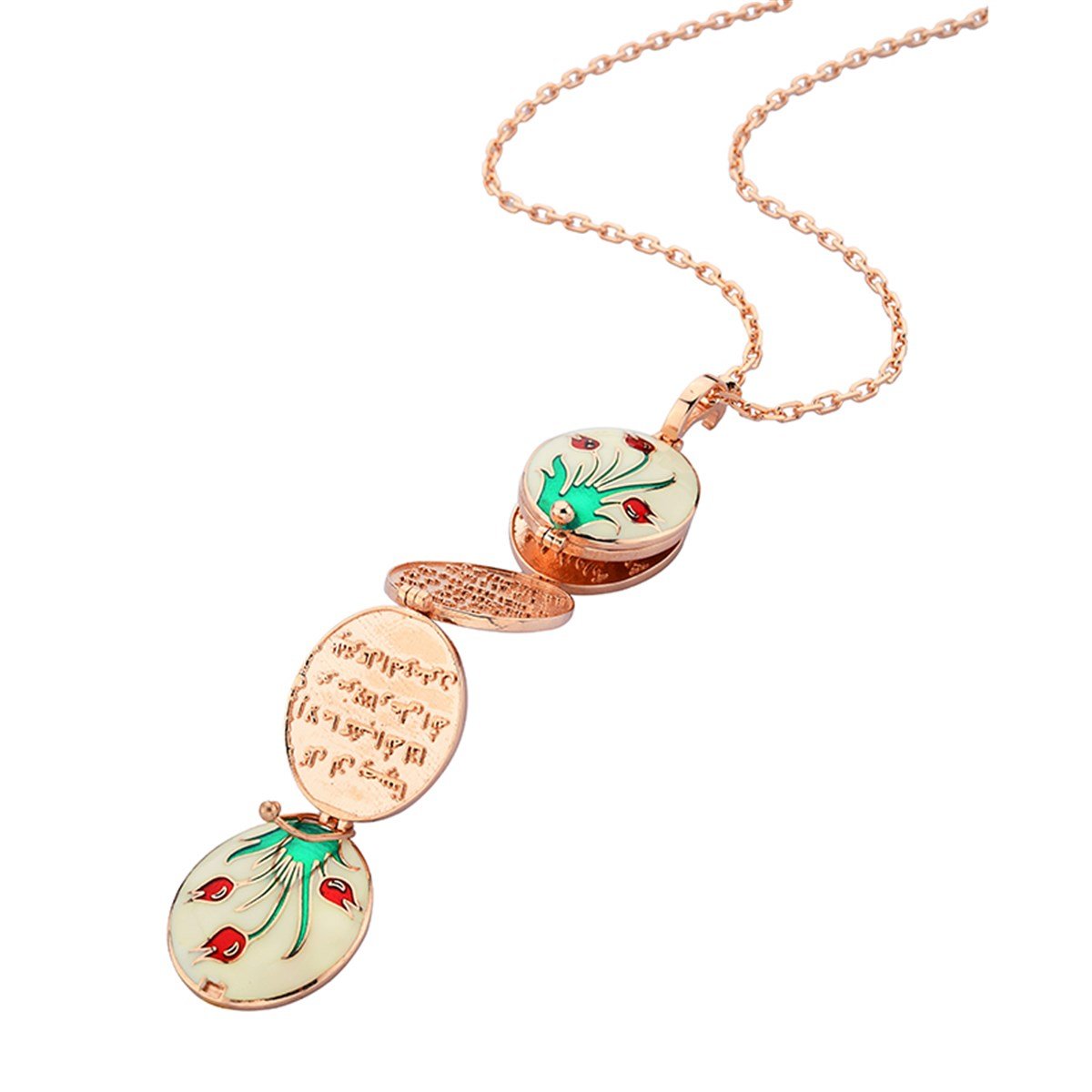 Lale Motifli İçinde Hz. Ali'nin (ra) İşaret Ettiği  7 Ayet Bulunan Roz Kaplamalı Zirkon Taşlı Oval Sekiz Kapaklı Sandık 925 Ayar Gümüş Bayan Kolye