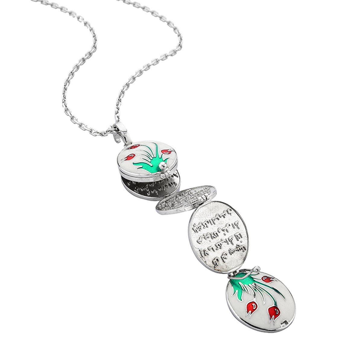 Lale Motifli İçinde Hz. Ali'nin (ra) İşaret Ettiği  7 Ayet Bulunan Gümüş Zirkon Taşlı Oval Sekiz Kapaklı Sandık 925 Ayar Gümüş Bayan Kolye