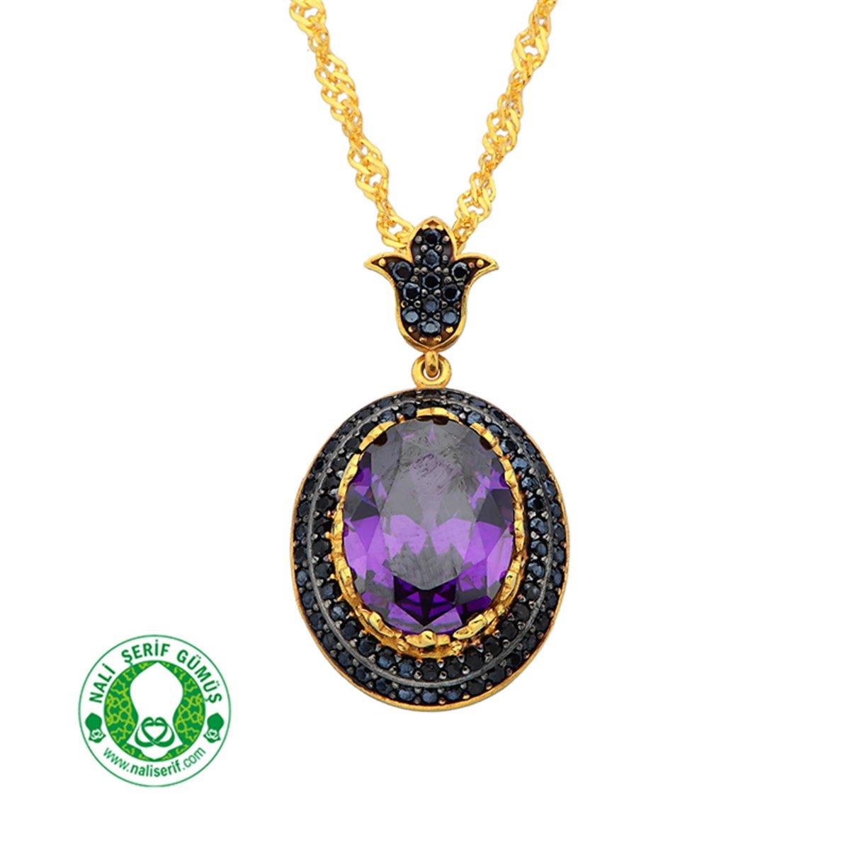 Lale Zincir Sallantılı Onixs Siyah Kenar Taşlı 12.16 Brown Oval Taşlı Gümüş Altın Kaplamalı Bayan Kolye