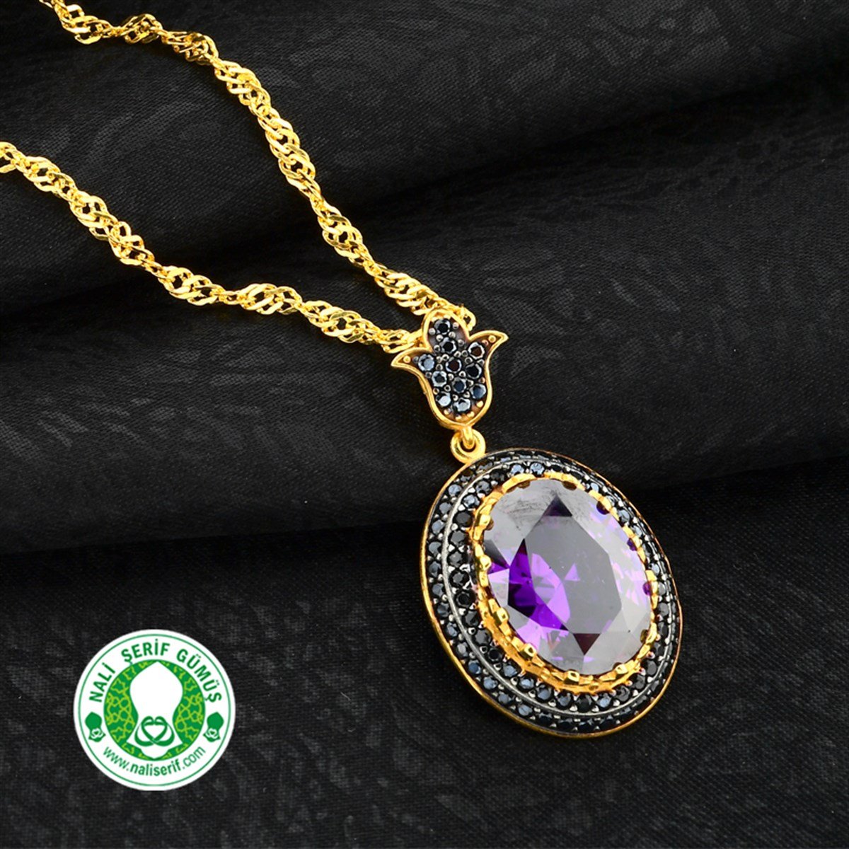 Lale Zincir Sallantılı Onixs Siyah Kenar Taşlı 12.16 Brown Oval Taşlı Gümüş Altın Kaplamalı Bayan Kolye