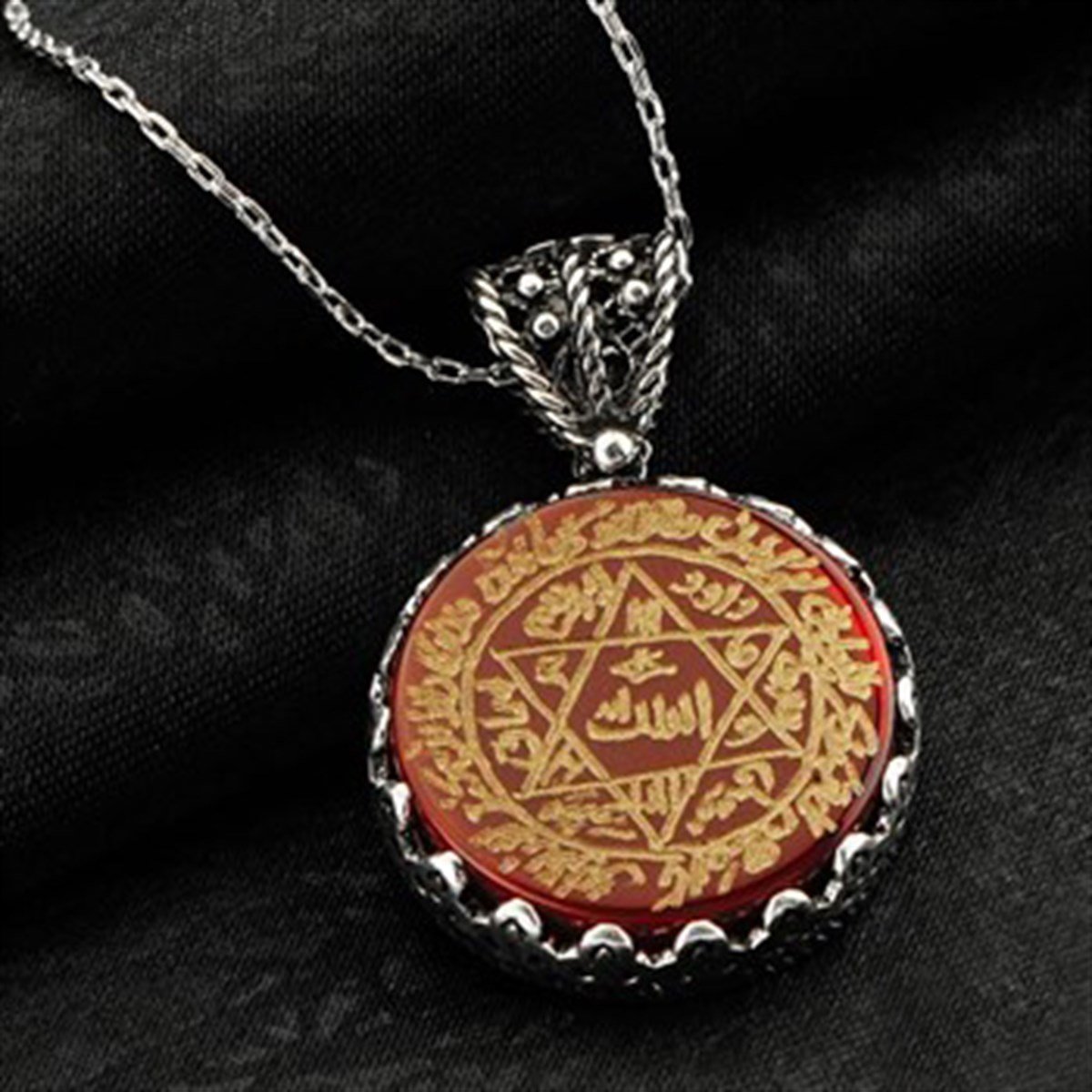 Mührü Süleyman Akik Taşlı Nazar Dualı 925 Ayar Gümüş Bayan Kolyesi