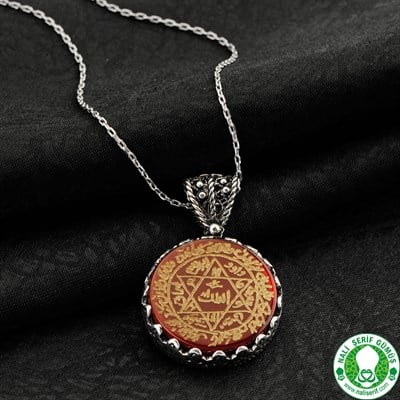 Mührü Süleyman Akik Taşlı Nazar Dualı 925 Ayar Gümüş Bayan Kolyesi