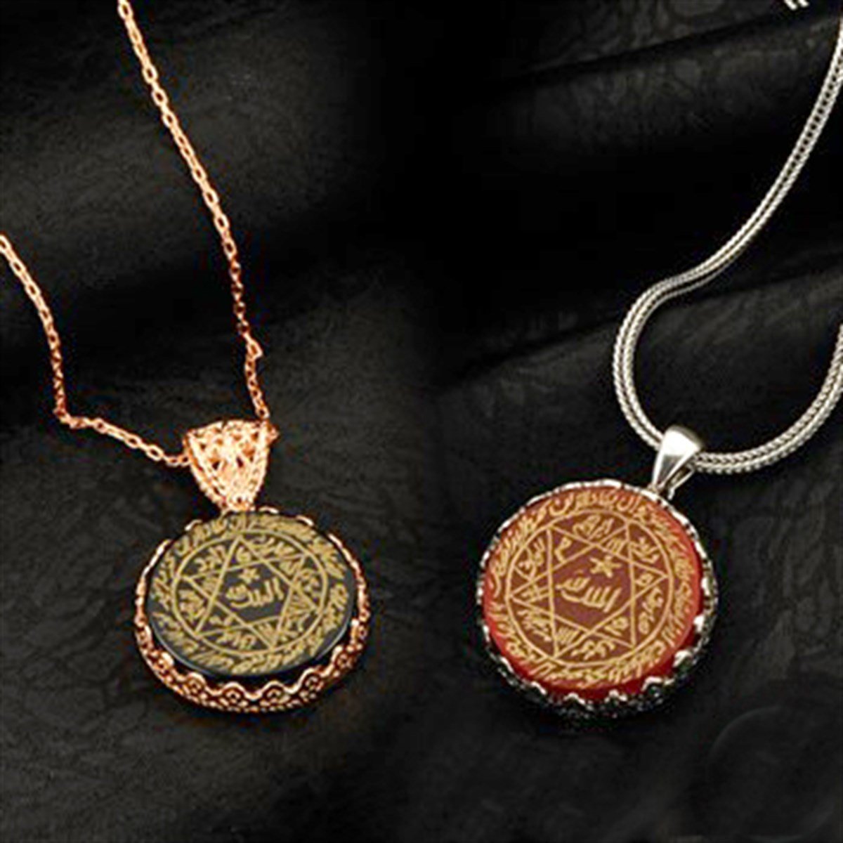 Mührü Süleyman Akik Taşlı Nazar Dualı Gümüş Bay Bayan Kolye Kombini