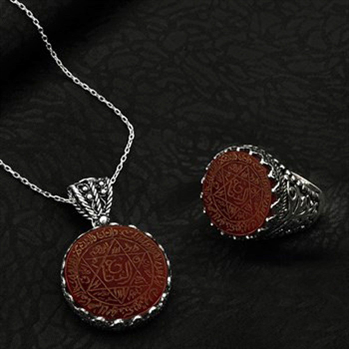 Mührü Süleyman Akik Taşlı Nazar Dualı Gümüş Bayan Kolye Erkek Yüzük Kombini